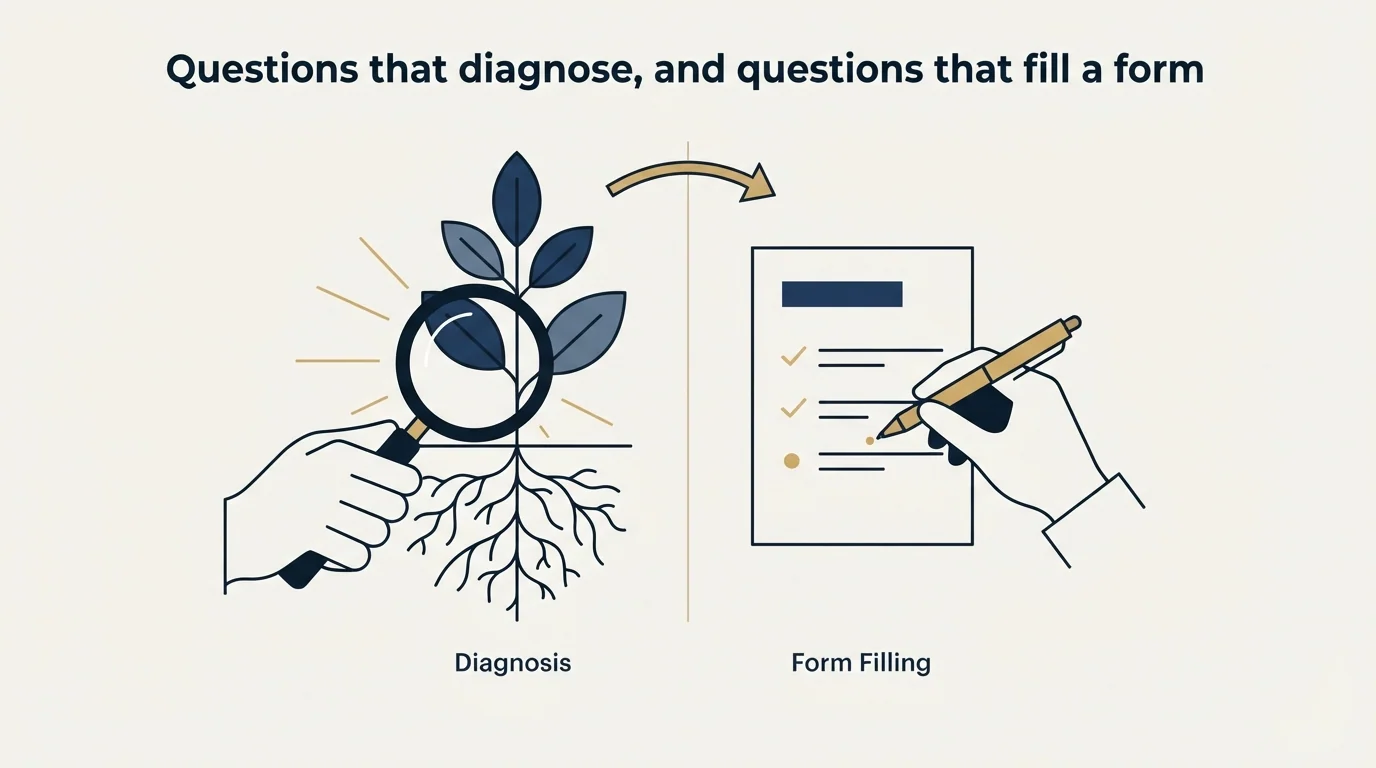 Section illustration: Questions that diagnose, and questions that fill a form