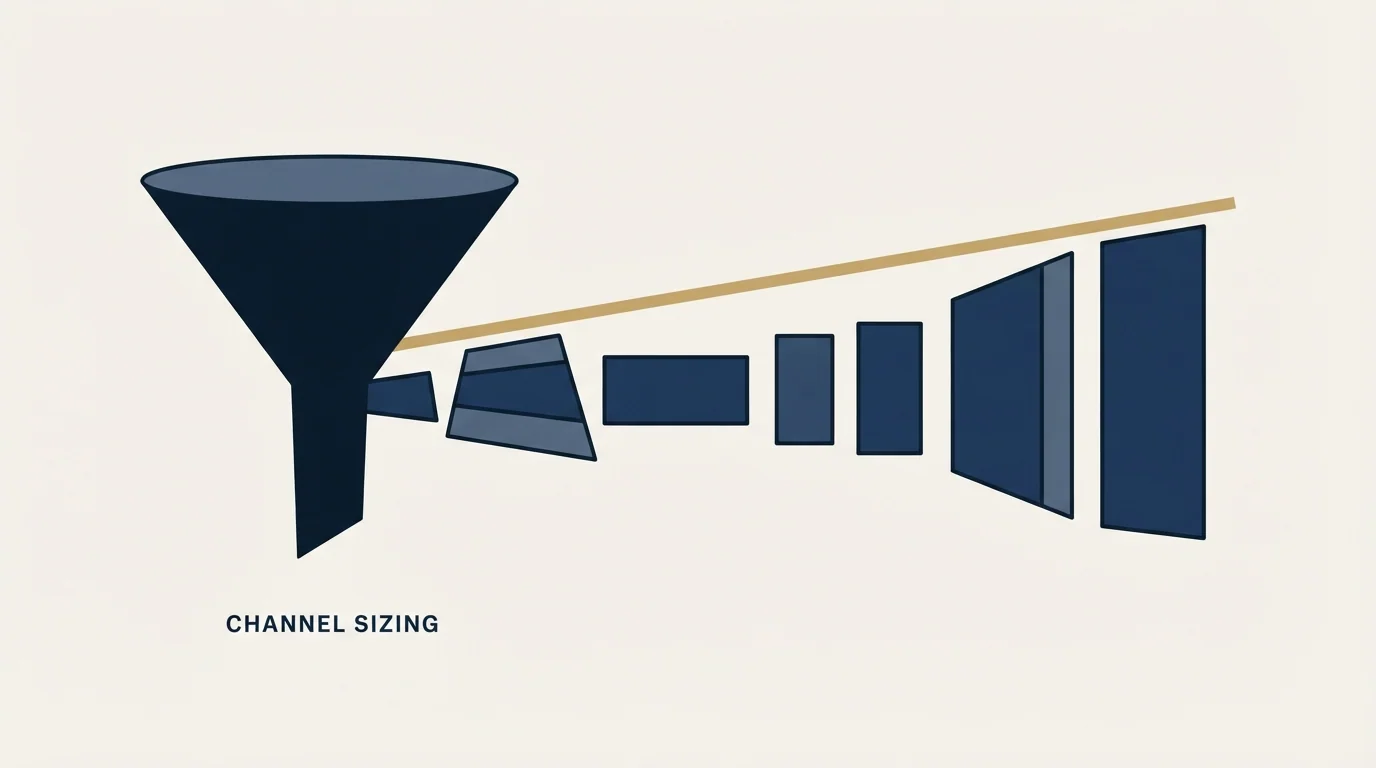 Section illustration: Sizing the channel line, with the arithmetic shown