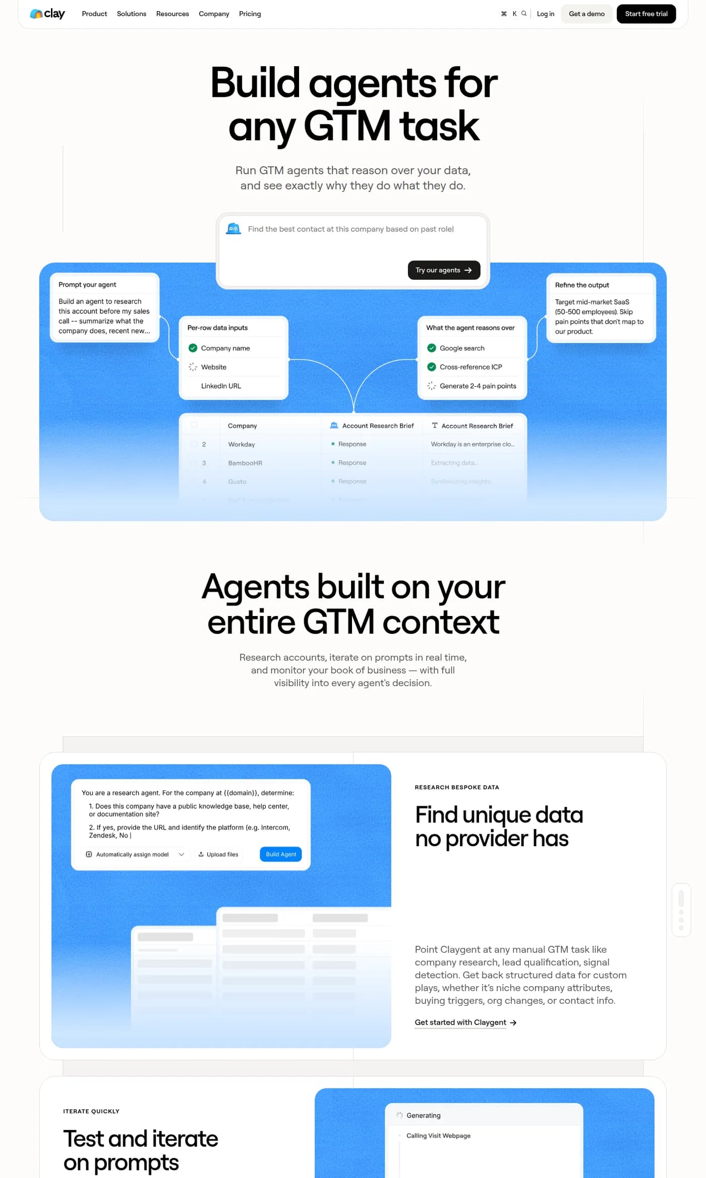 Clay's Claygent page describing agents that research bespoke data no provider sells