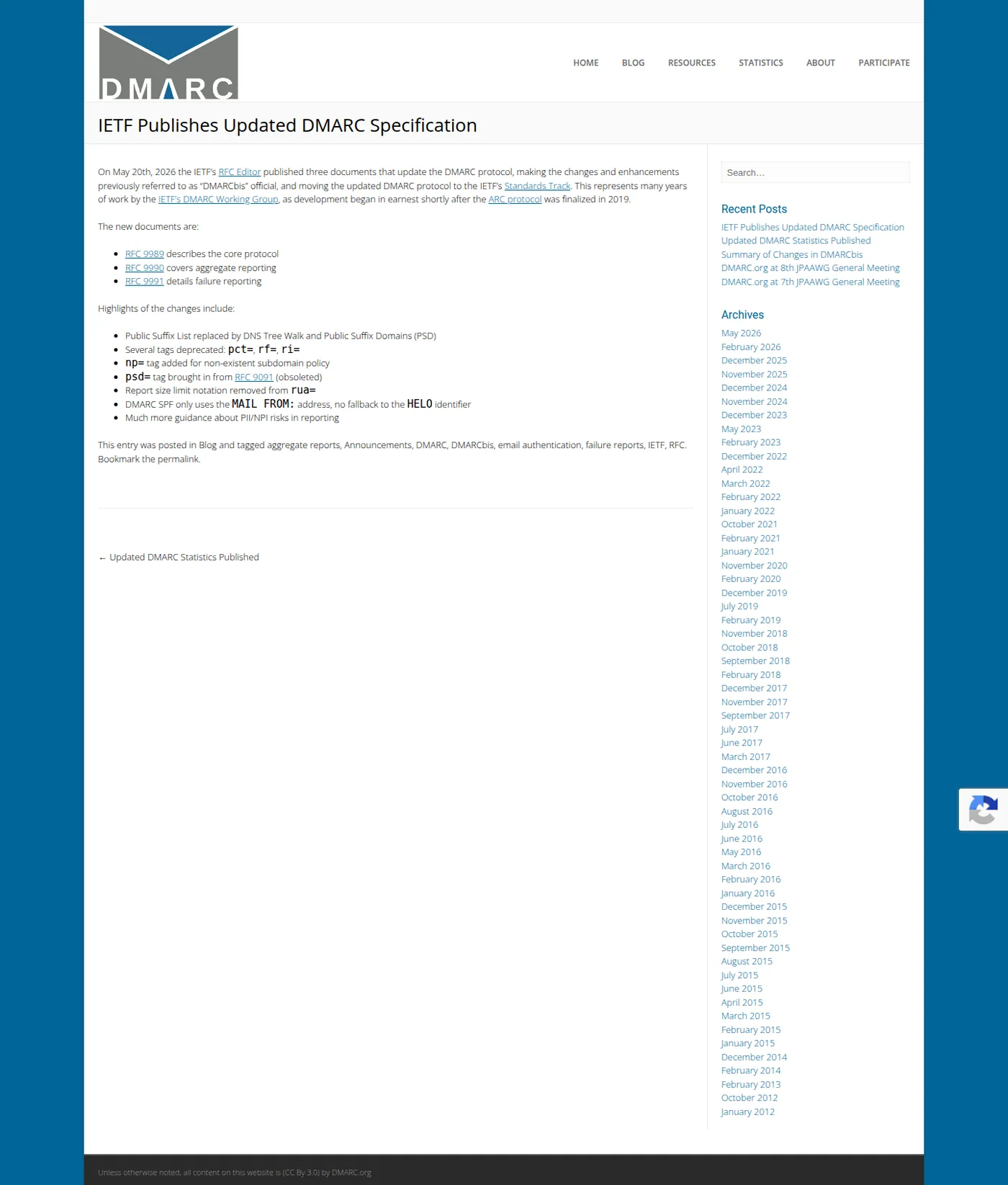 dmarc.org listing the deprecated DMARC tags and the new np tag