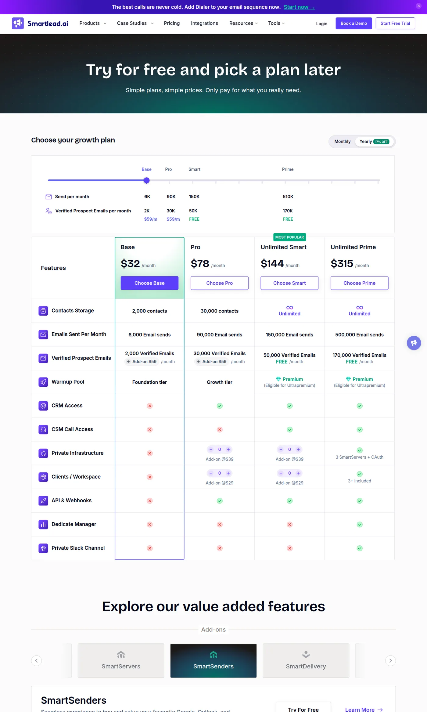 Smartlead's public pricing page showing the four tiers with their send, contact and verified-email allocations, on the Yearly billing toggle so the card prices are yearly equivalents, captured August 2026.