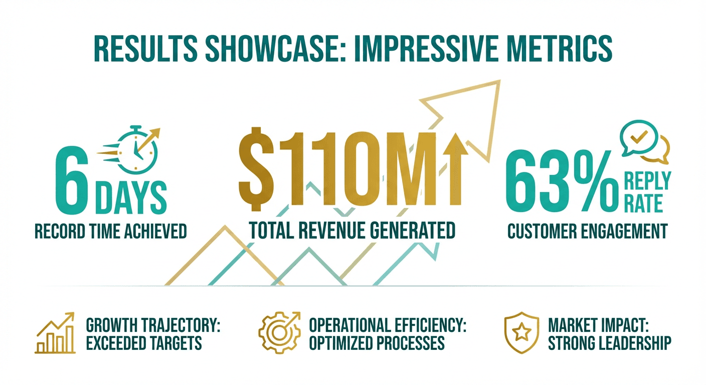 Results metrics showing $110M pipeline generated in 6 days with 63% reply rate
