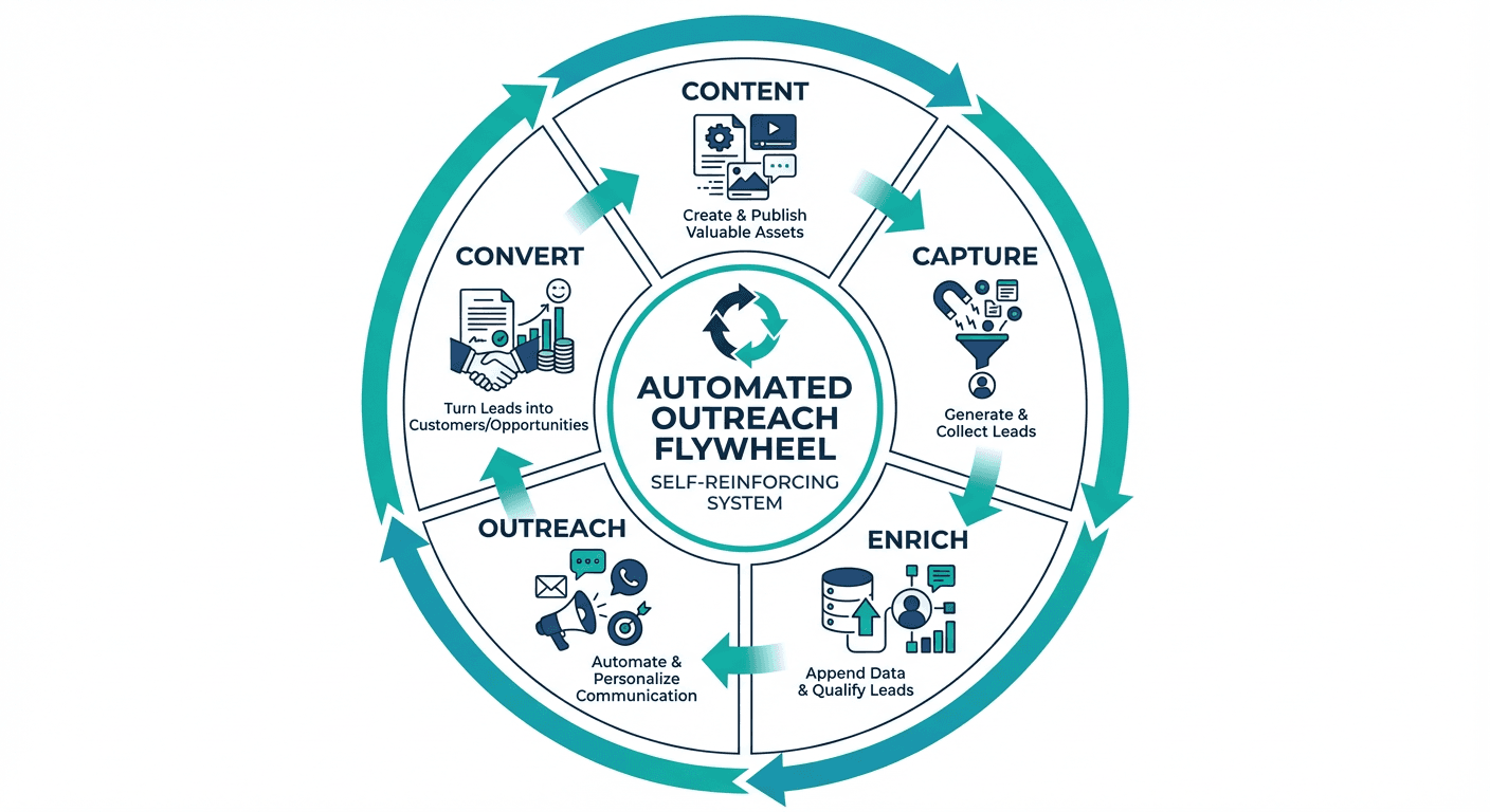 Automated outreach flywheel diagram showing the content to convert cycle