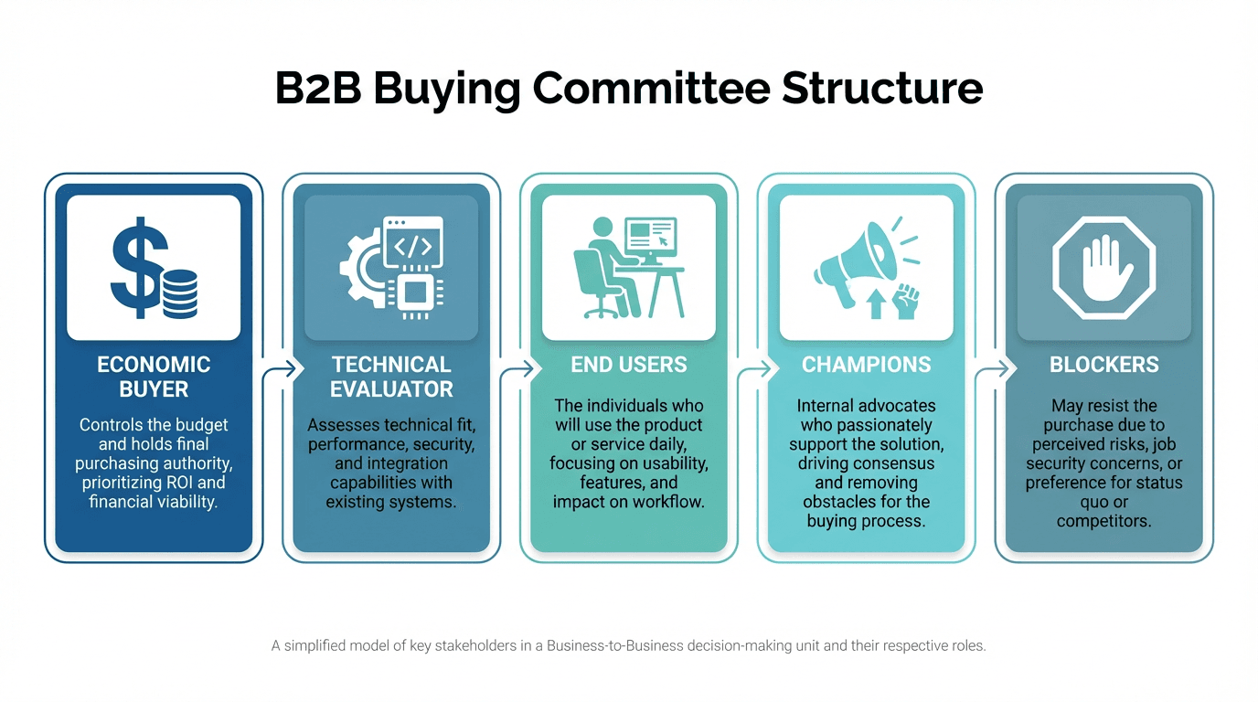 B2B Buying Committee Structure showing Economic Buyer, Technical Evaluator, End Users, Champions, and Blockers