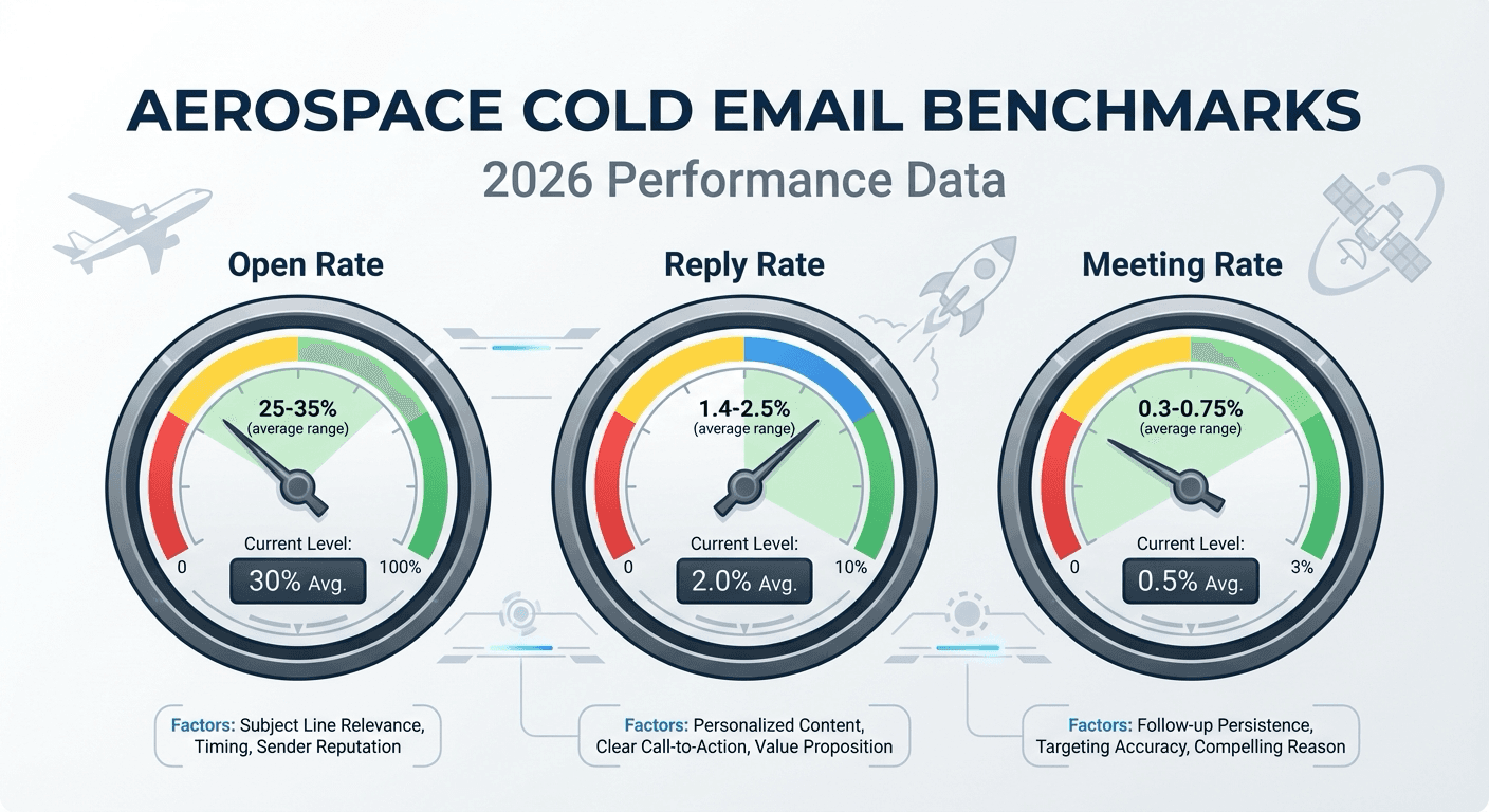 Aerospace cold email benchmarks dashboard showing key metrics: Open Rate 25-35%, Reply Rate 1.4-2.5%, Meeting Rate 0.3-0.75%