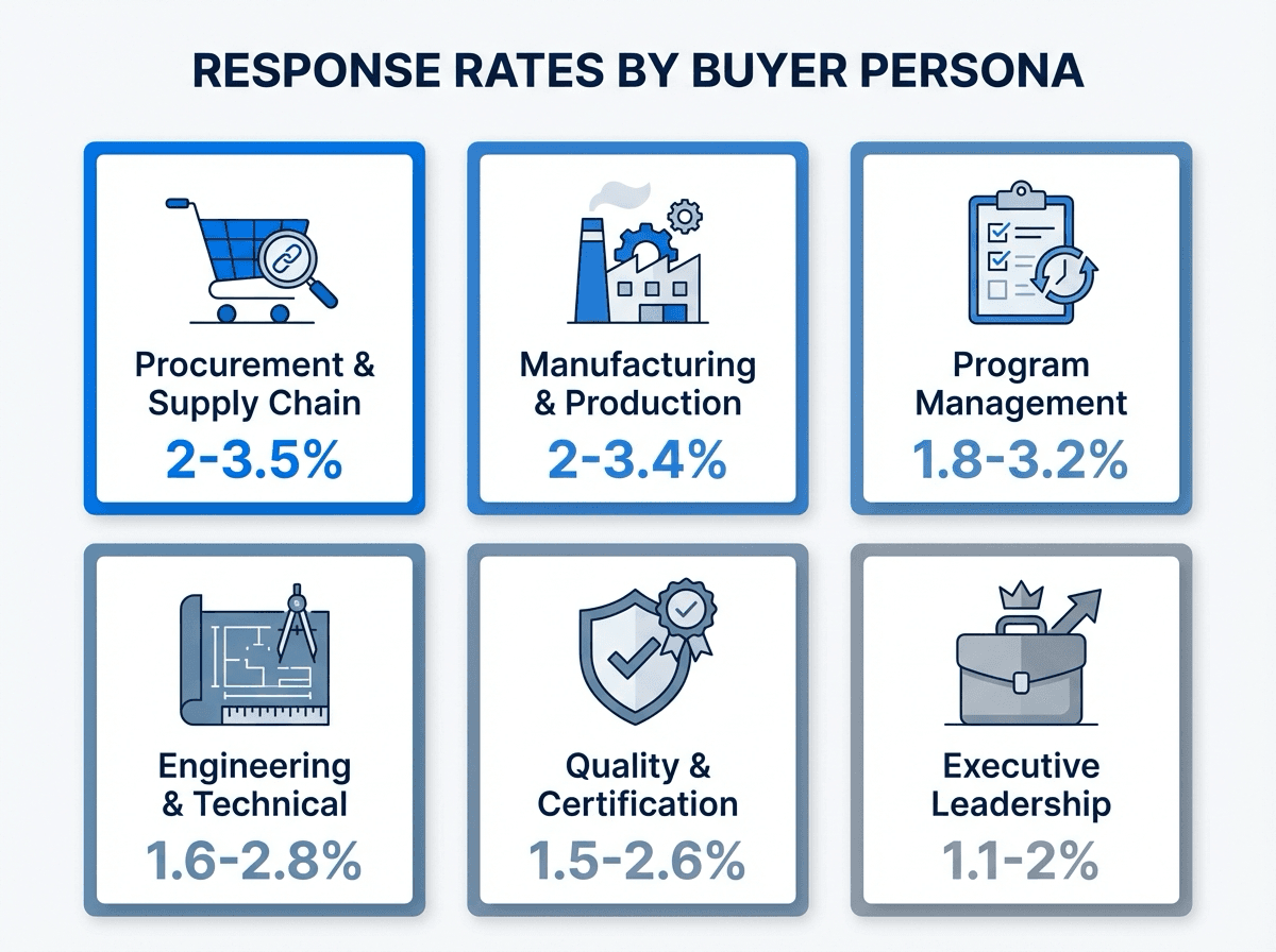 Aerospace buyer personas response rates: Procurement 2-3.5%, Manufacturing 2-3.4%, Program Managers 1.8-3.2%, Engineering 1.6-2.8%, Quality 1.5-2.6%, Executives 1.1-2%