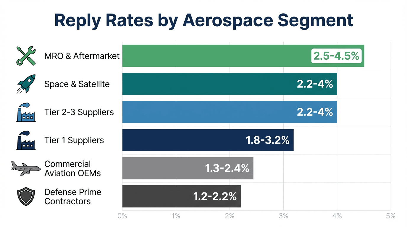 Aerospace segment reply rates comparison showing MRO & Aftermarket at 2.5-4.5%, Space & Satellite at 2.2-4%, and Defense Primes at 1.2-2.2%