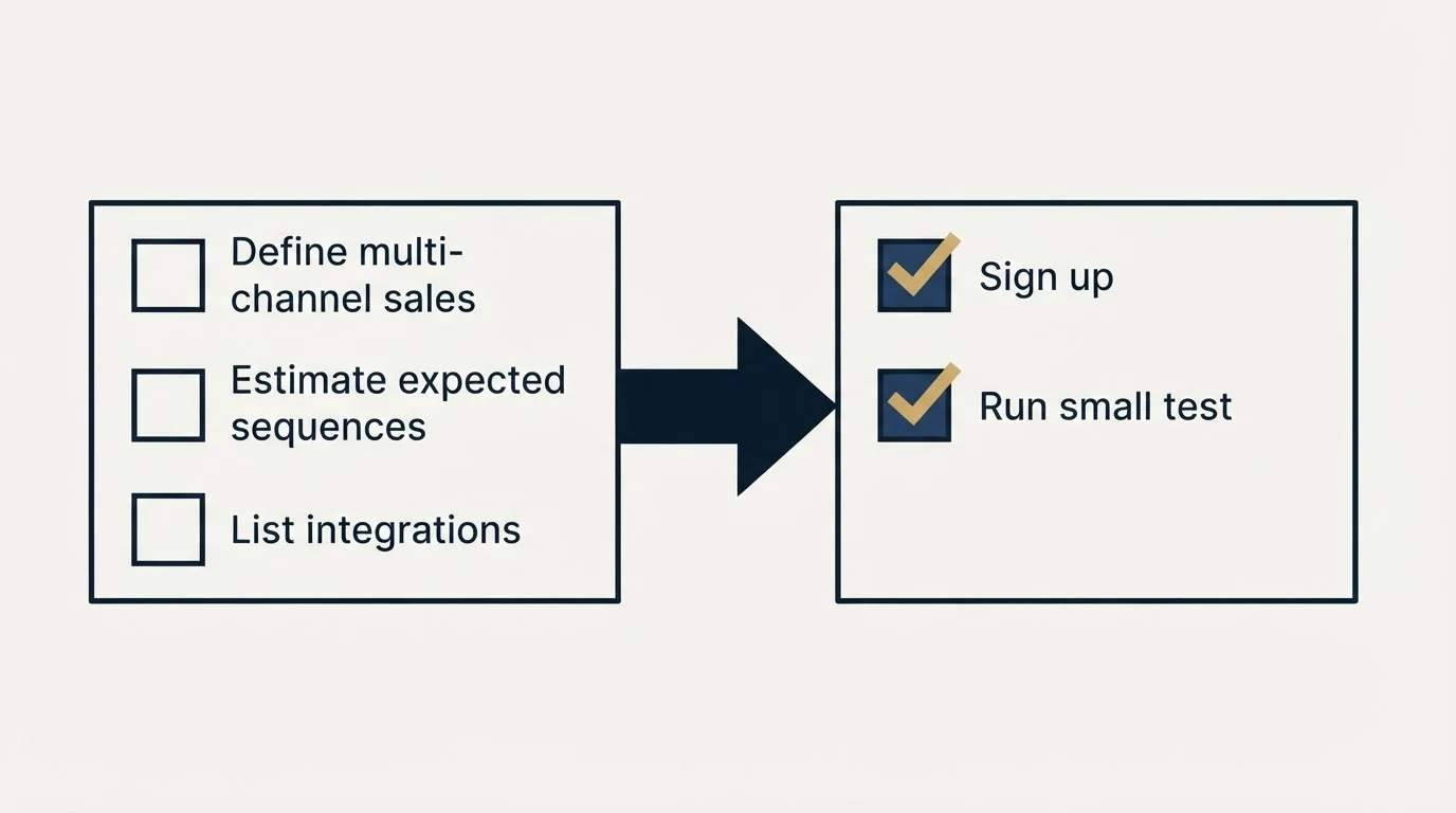 Before-and-after steps: Getting Started Checklist (Define multi-channel sales, Estimate expected sequences, List integrations, Sign up)