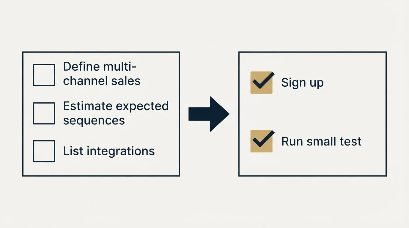 Before-and-after steps: Getting Started Checklist (Define multi-channel sales, Estimate expected sequences, List integrations, Sign up)