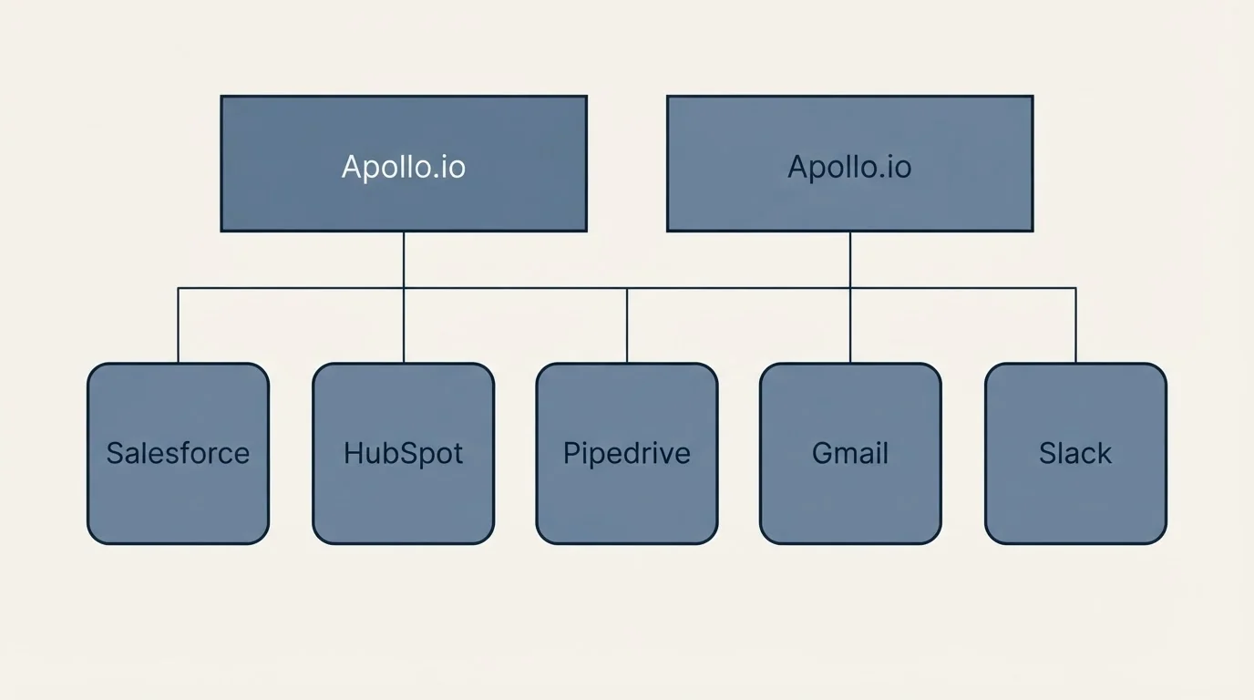 Integration grid: Integration Ecosystem (Apollo.io, Salesforce, HubSpot, Pipedrive)