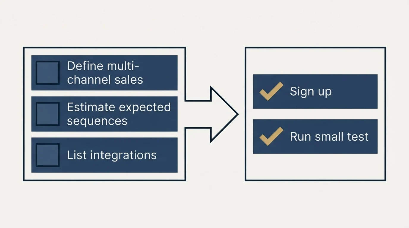 Before-and-after steps: Getting Started Checklist (Define multi-channel sales, Estimate expected sequences, List integrations, Sign up)