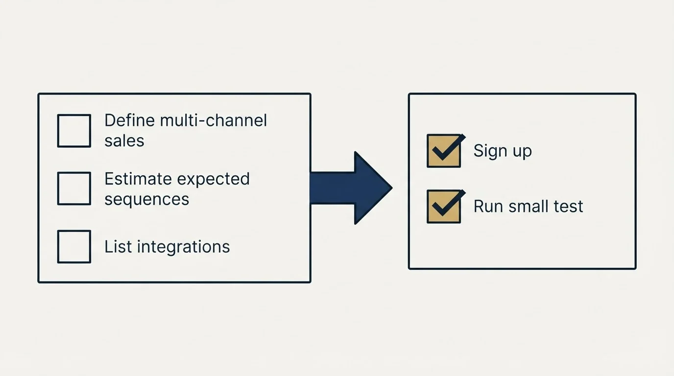 Before-and-after steps: Getting Started Checklist (Define multi-channel sales, Estimate expected sequences, List integrations, Sign up)