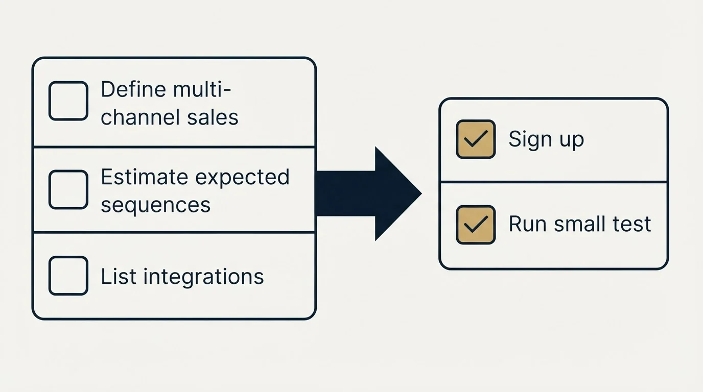 Before-and-after steps: Getting Started Checklist (Define multi-channel sales, Estimate expected sequences, List integrations, Sign up)