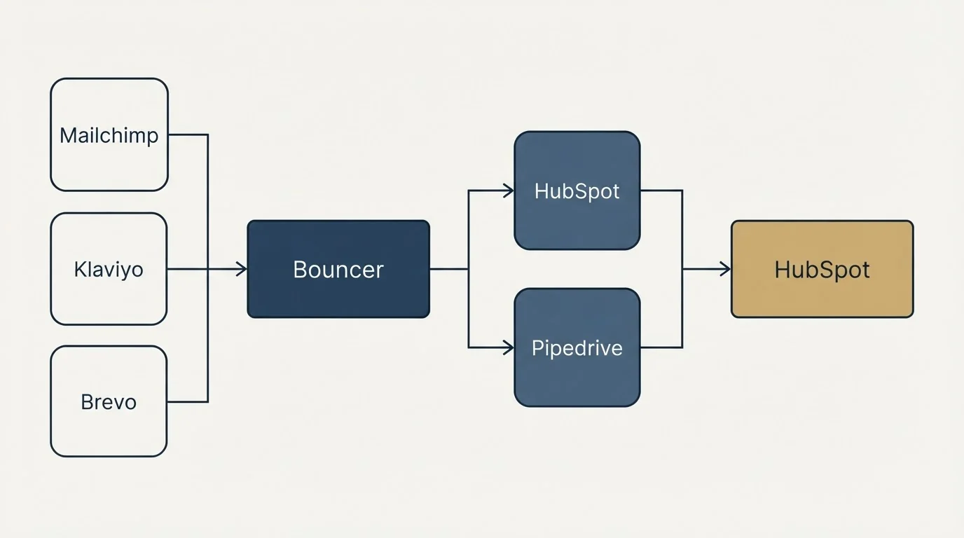 Integration flow: Integration Ecosystem (Bouncer, HubSpot, Pipedrive, Mailchimp)