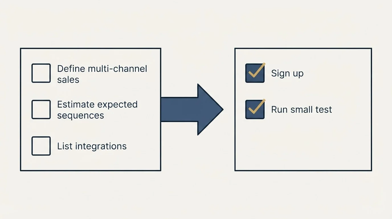 Before-and-after steps: Getting Started Checklist (Define multi-channel sales, Estimate expected sequences, List integrations, Sign up)