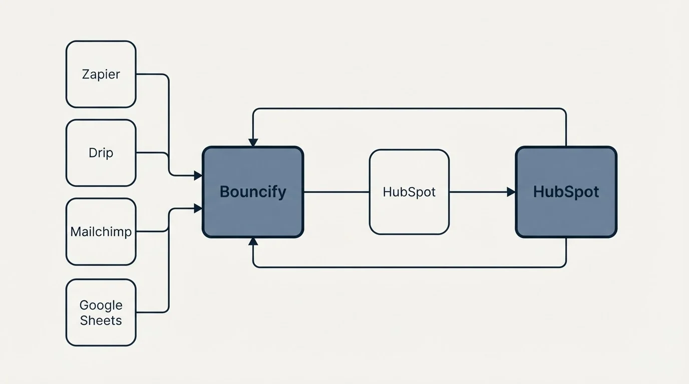 Integration schematic: Integration Ecosystem (Bouncify, HubSpot, Zapier, Drip)