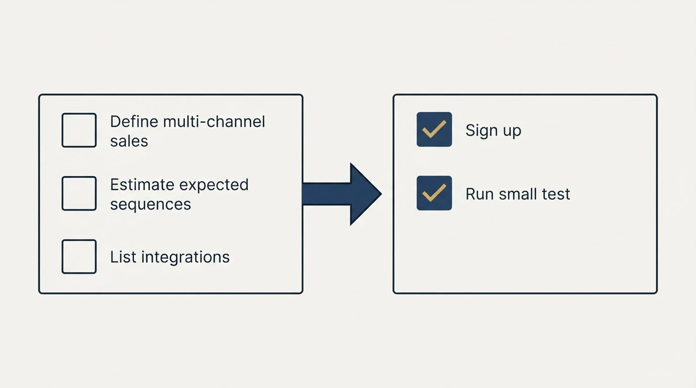 Before-and-after steps: Getting Started Checklist (Define multi-channel sales, Estimate expected sequences, List integrations, Sign up)