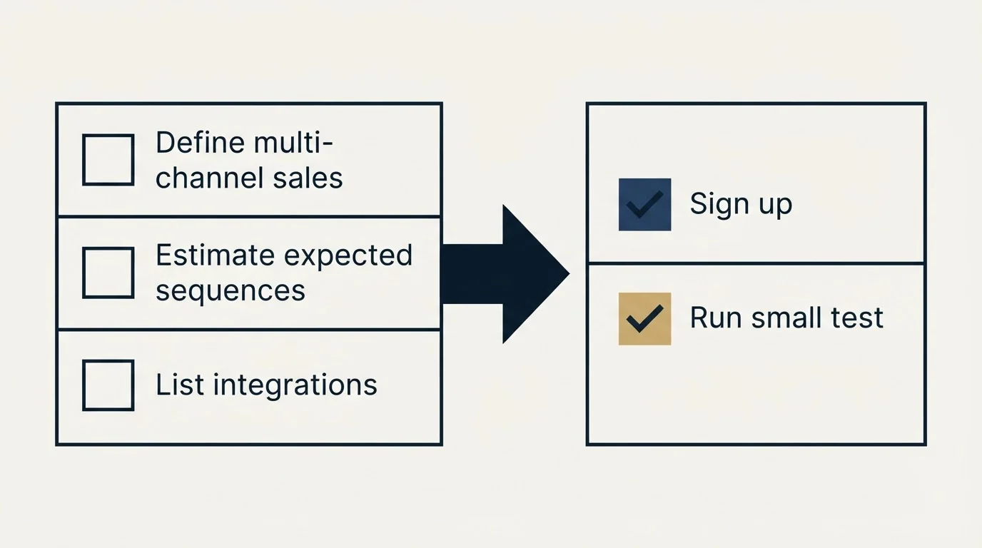 Before-and-after steps: Getting Started Checklist (Define multi-channel sales, Estimate expected sequences, List integrations, Sign up)
