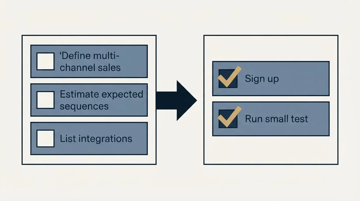 Before-and-after steps: Getting Started Checklist (Define multi-channel sales, Estimate expected sequences, List integrations, Sign up)