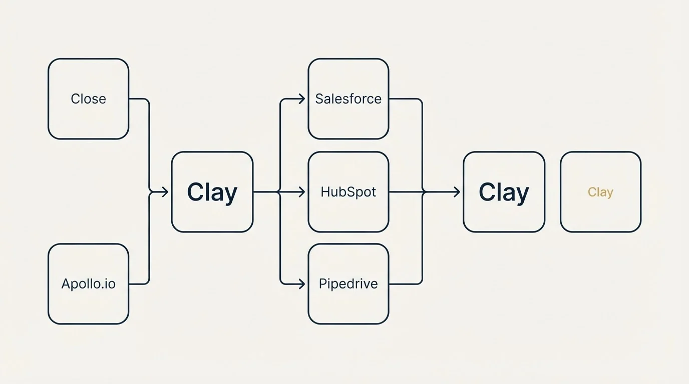 Integration flow: Integration Ecosystem (Clay, Salesforce, HubSpot, Pipedrive)