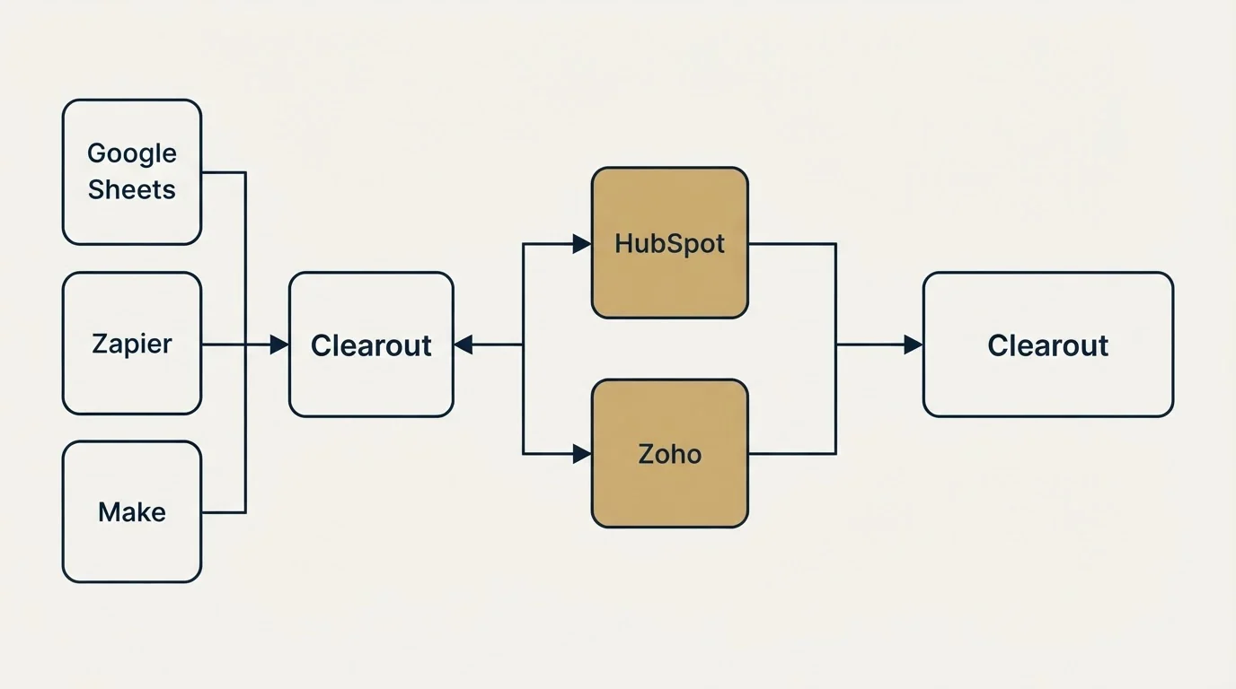 Integration flow: Integration Ecosystem (Clearout, HubSpot, Zoho, Google Sheets)