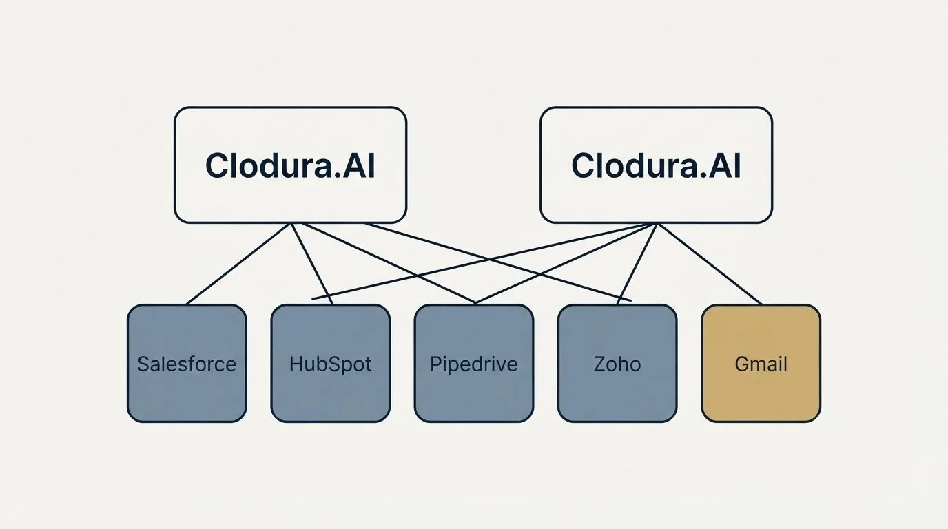 Integration schematic: Integration Ecosystem (Clodura.AI, Salesforce, HubSpot, Pipedrive)