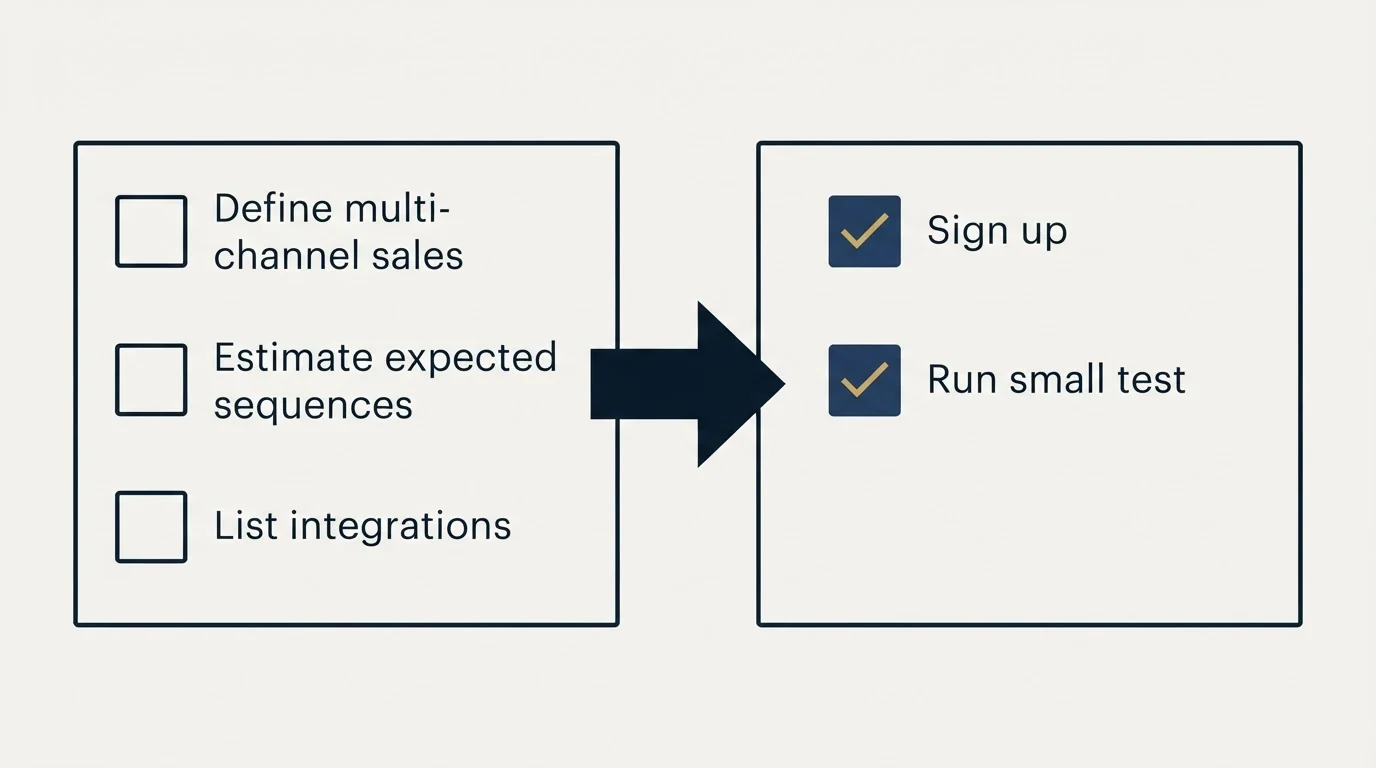 Before-and-after steps: Getting Started Checklist (Define multi-channel sales, Estimate expected sequences, List integrations, Sign up)