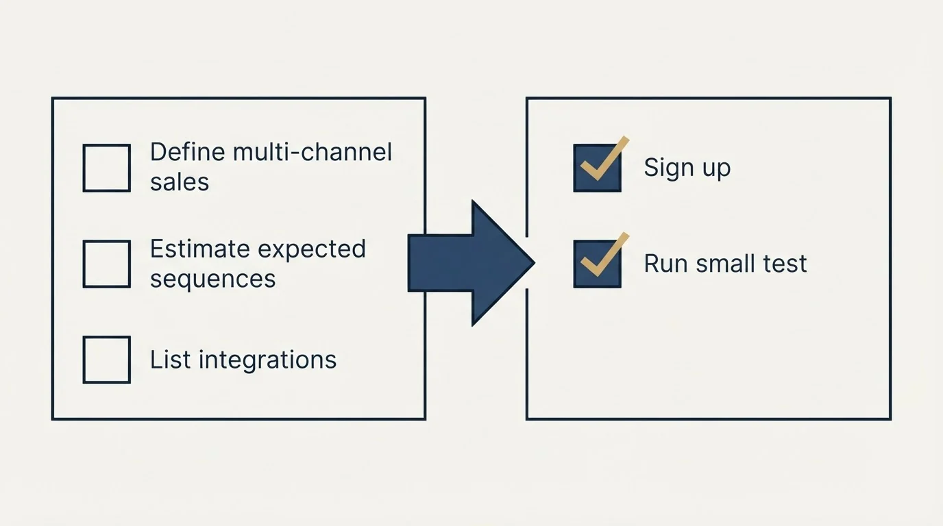 Before-and-after steps: Getting Started Checklist (Define multi-channel sales, Estimate expected sequences, List integrations, Sign up)