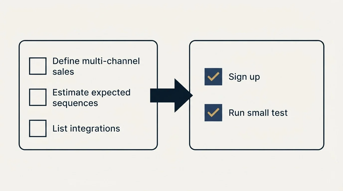 Before-and-after steps: Getting Started Checklist (Define multi-channel sales, Estimate expected sequences, List integrations, Sign up)