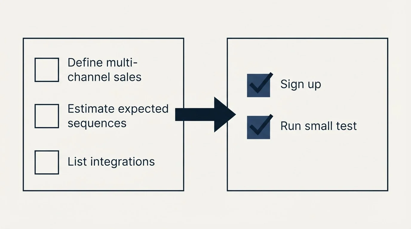 Before-and-after steps: Getting Started Checklist (Define multi-channel sales, Estimate expected sequences, List integrations, Sign up)