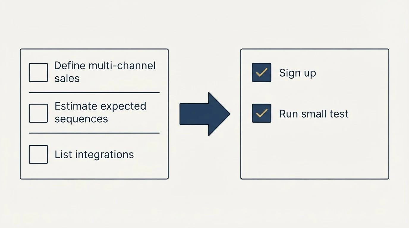 Before-and-after steps: Getting Started Checklist (Define multi-channel sales, Estimate expected sequences, List integrations, Sign up)