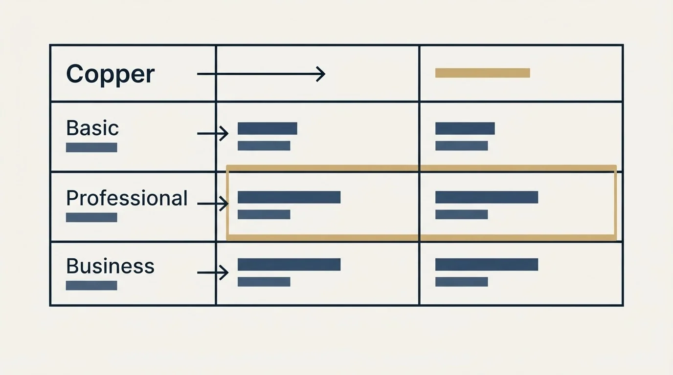 Pricing table: Pricing Comparison (Copper, Basic, Professional, Business)