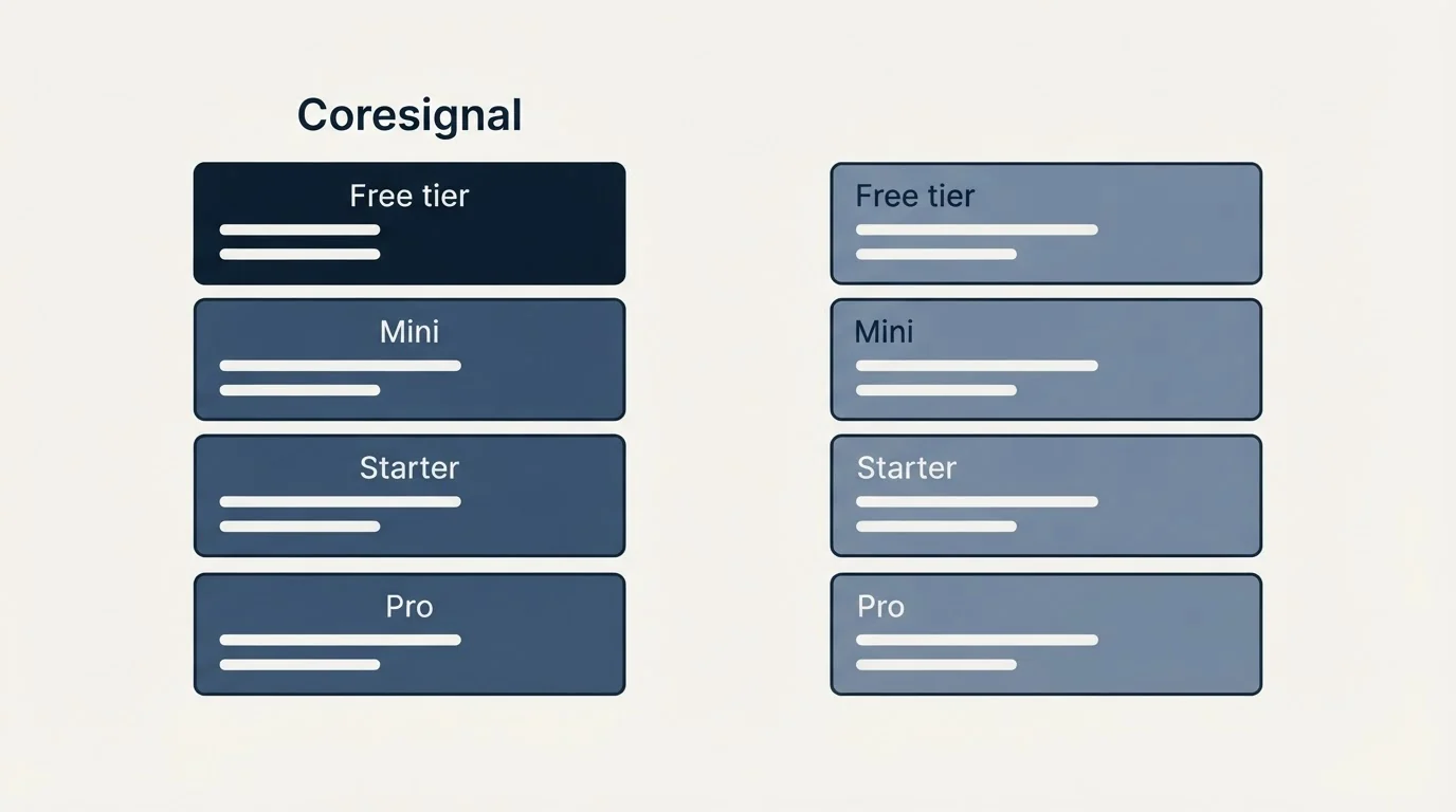 Pricing panels: Pricing Comparison (Coresignal, Free tier, Mini, Starter)