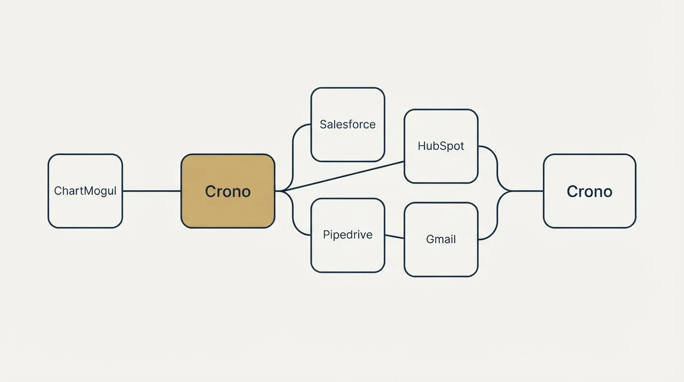 Integration schematic: Integration Ecosystem (Crono, Salesforce, HubSpot, Pipedrive)