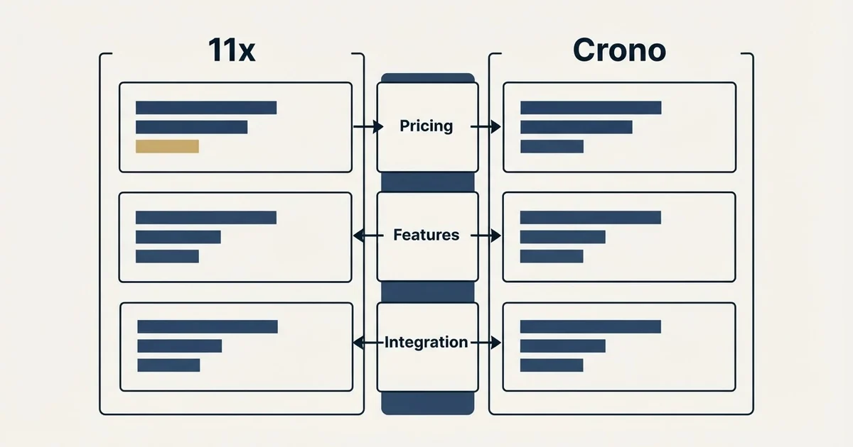 Comparison panel: 11x vs Crono (Pricing, Features, Integration)