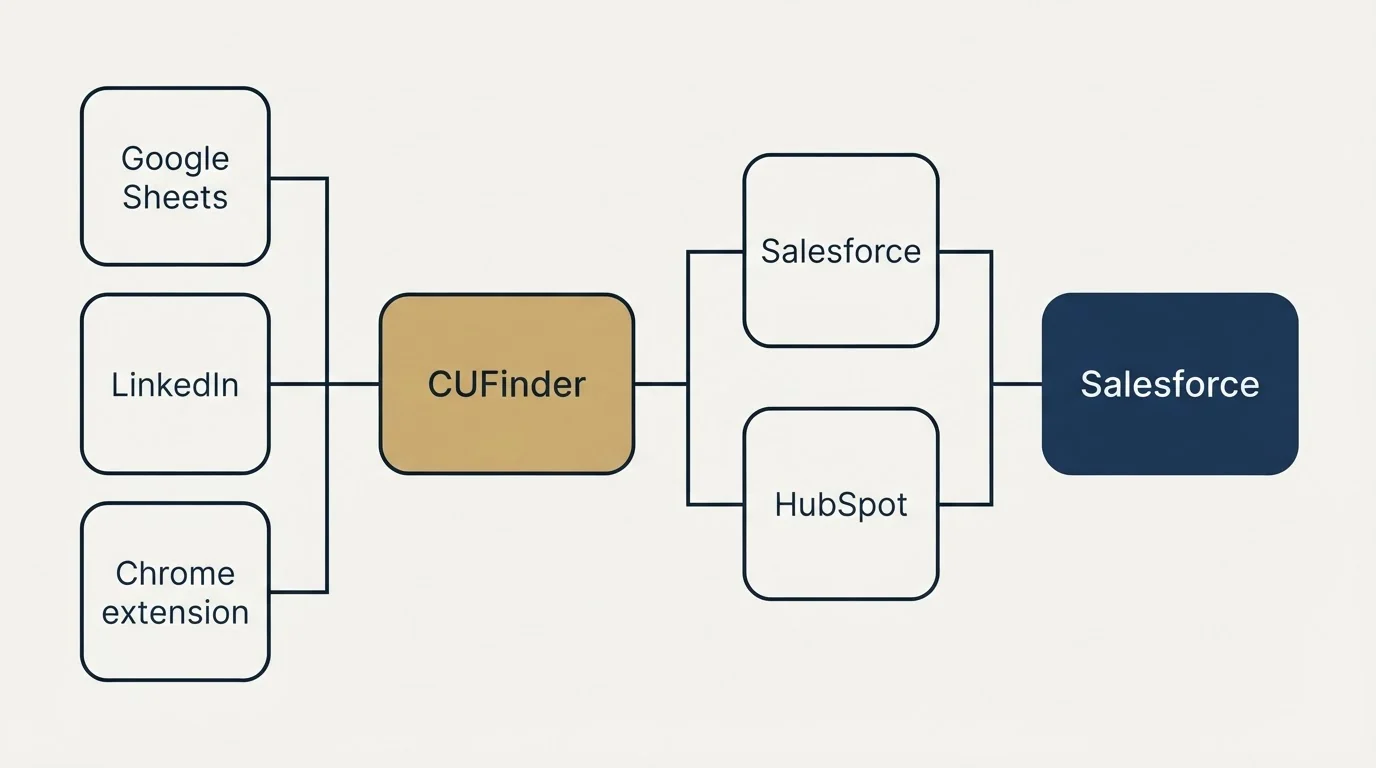 Integration flow: Integration Ecosystem (CUFinder, Salesforce, HubSpot, Google Sheets)