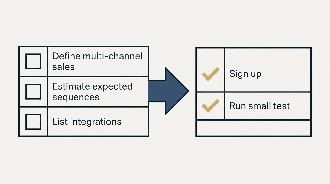 Before-and-after steps: Getting Started Checklist (Define multi-channel sales, Estimate expected sequences, List integrations, Sign up)