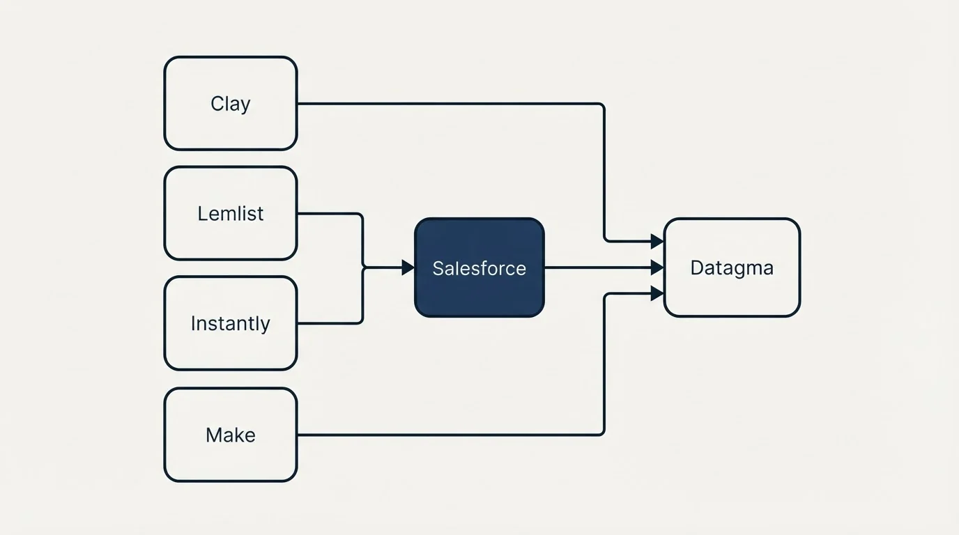 Integration schematic: Integration Ecosystem (Datagma, Salesforce, Clay, Lemlist)