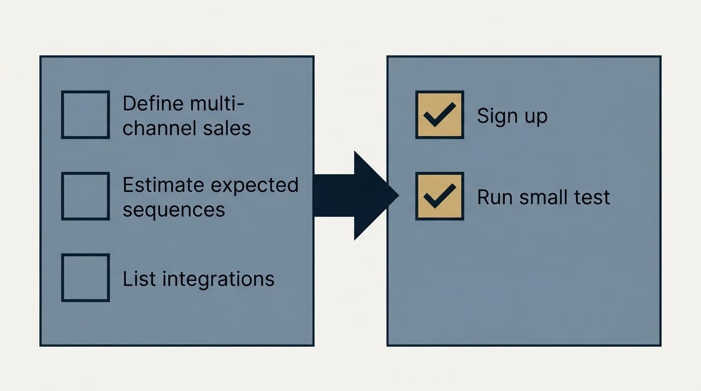 Before-and-after steps: Getting Started Checklist (Define multi-channel sales, Estimate expected sequences, List integrations, Sign up)