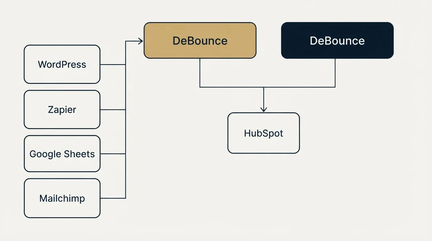 Integration grid: Integration Ecosystem (DeBounce, HubSpot, WordPress, Zapier)