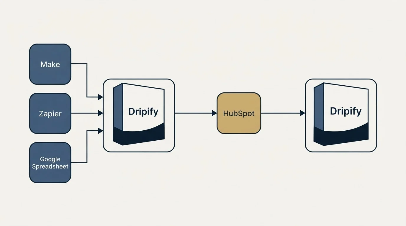 Integration flow: Integration Ecosystem (Dripify, HubSpot, Make, Zapier)