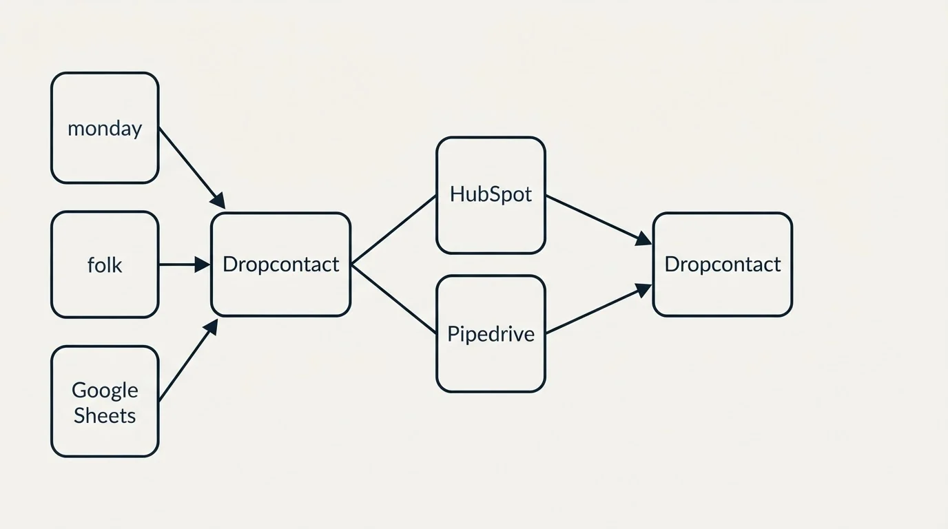 Integration schematic: Integration Ecosystem (Dropcontact, HubSpot, Pipedrive, monday)