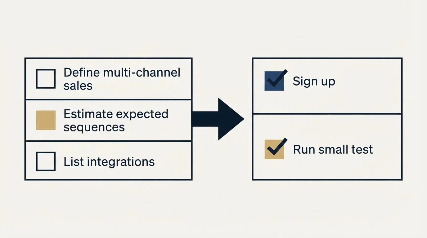 Before-and-after steps: Getting Started Checklist (Define multi-channel sales, Estimate expected sequences, List integrations, Sign up)