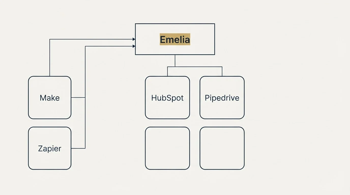 Integration grid: Integration Ecosystem (Emelia, HubSpot, Pipedrive, Make)