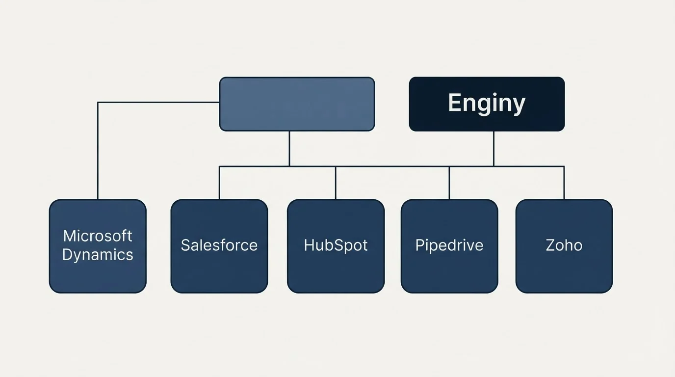 Integration grid: Integration Ecosystem (Enginy, Salesforce, HubSpot, Pipedrive)