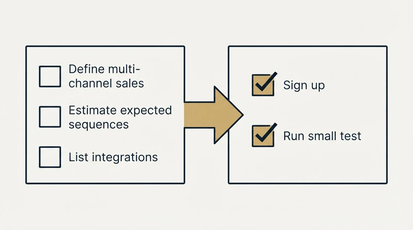 Before-and-after steps: Getting Started Checklist (Define multi-channel sales, Estimate expected sequences, List integrations, Sign up)