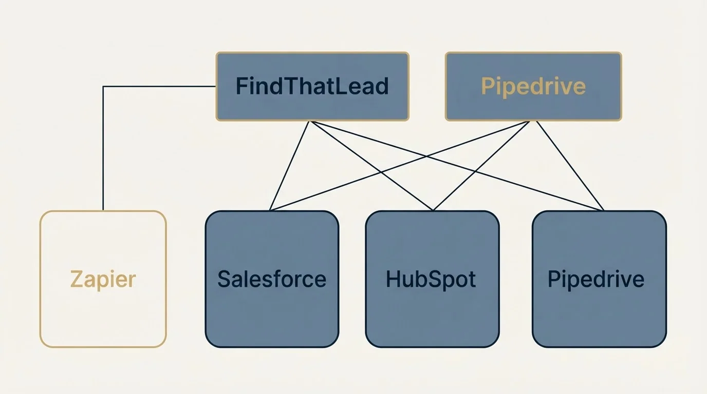 Integration grid: Integration Ecosystem (FindThatLead, Salesforce, HubSpot, Pipedrive)