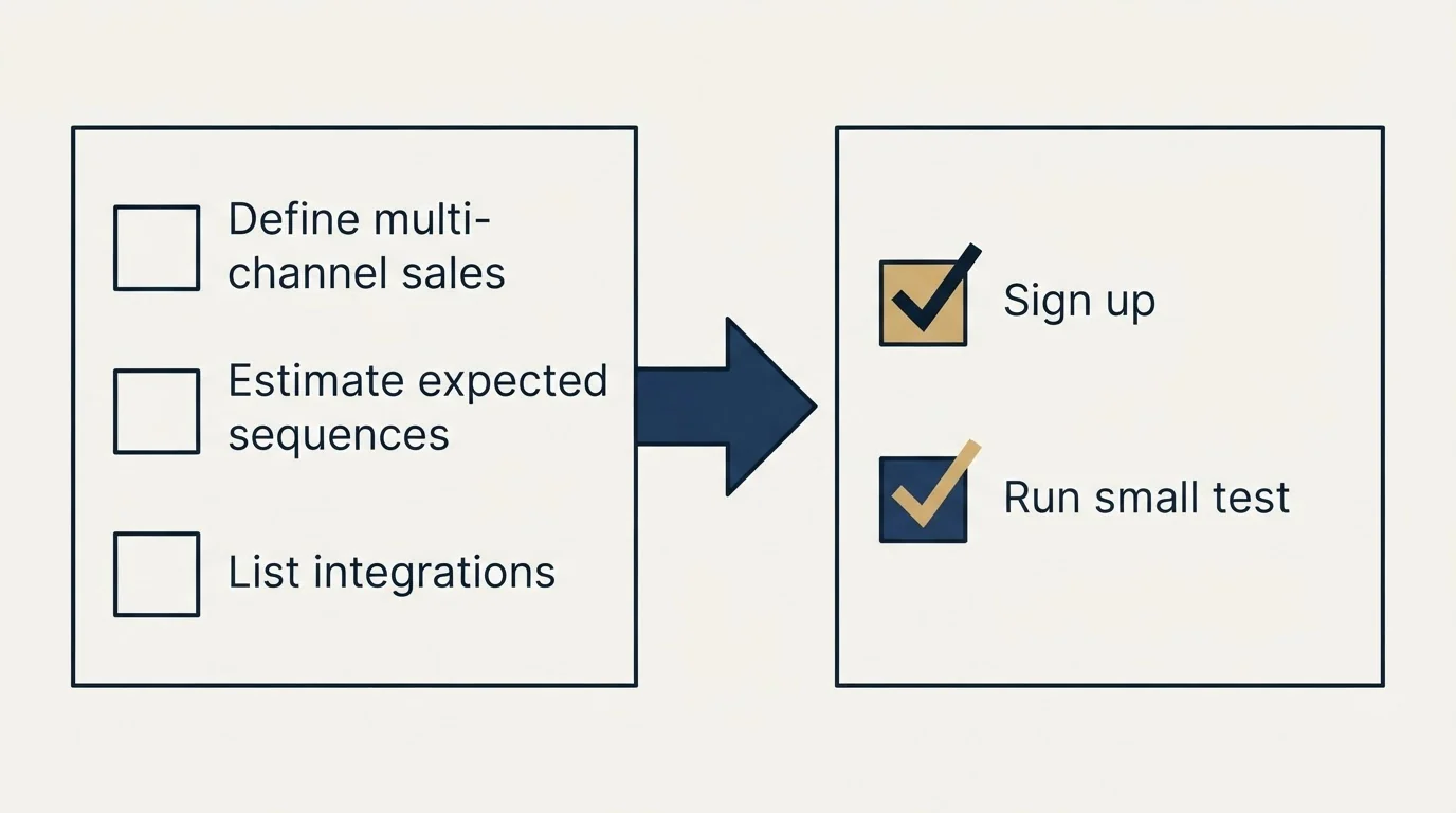 Before-and-after steps: Getting Started Checklist (Define multi-channel sales, Estimate expected sequences, List integrations, Sign up)