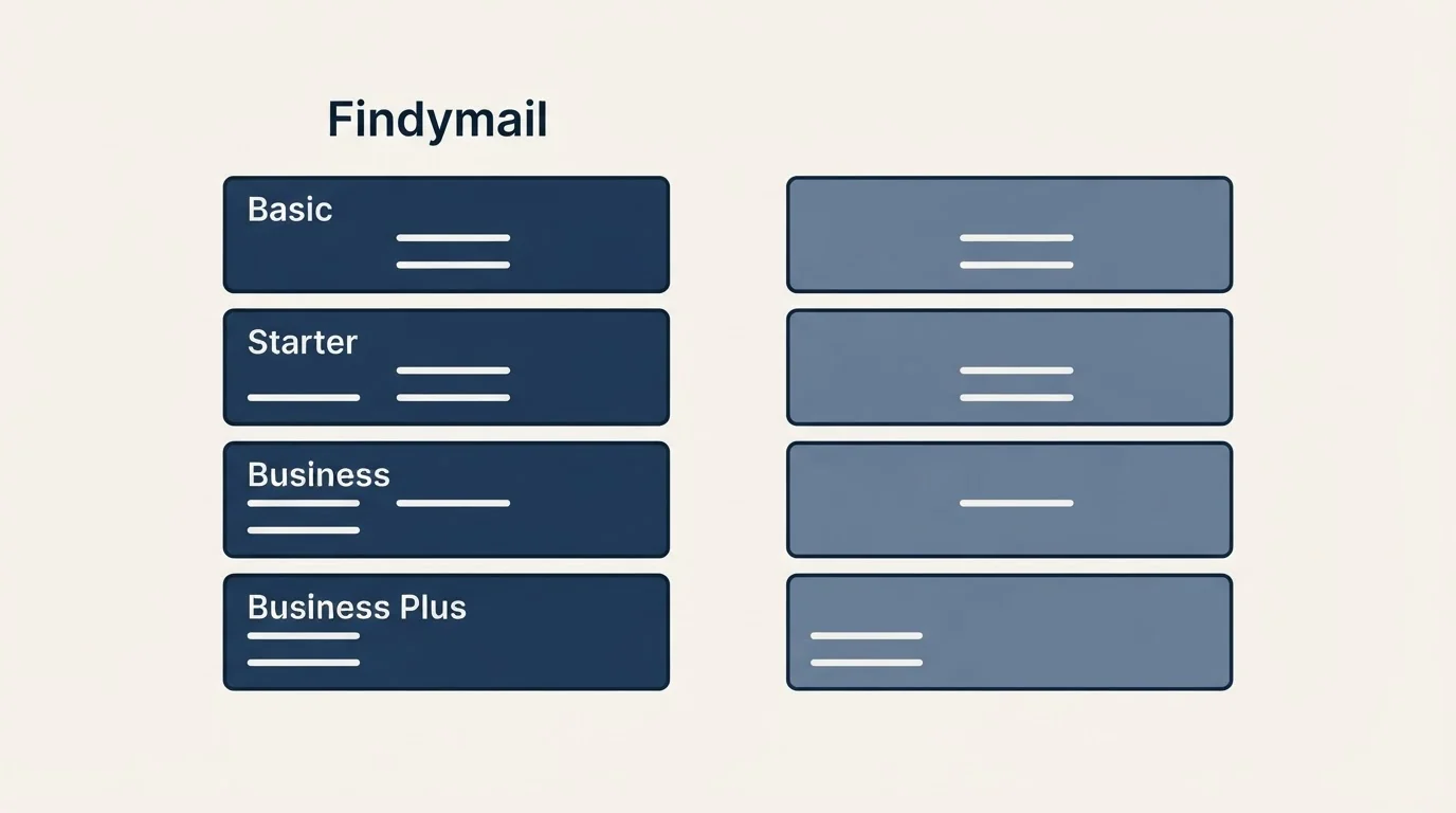 Pricing panels: Pricing Comparison (Findymail, Basic, Starter, Business)