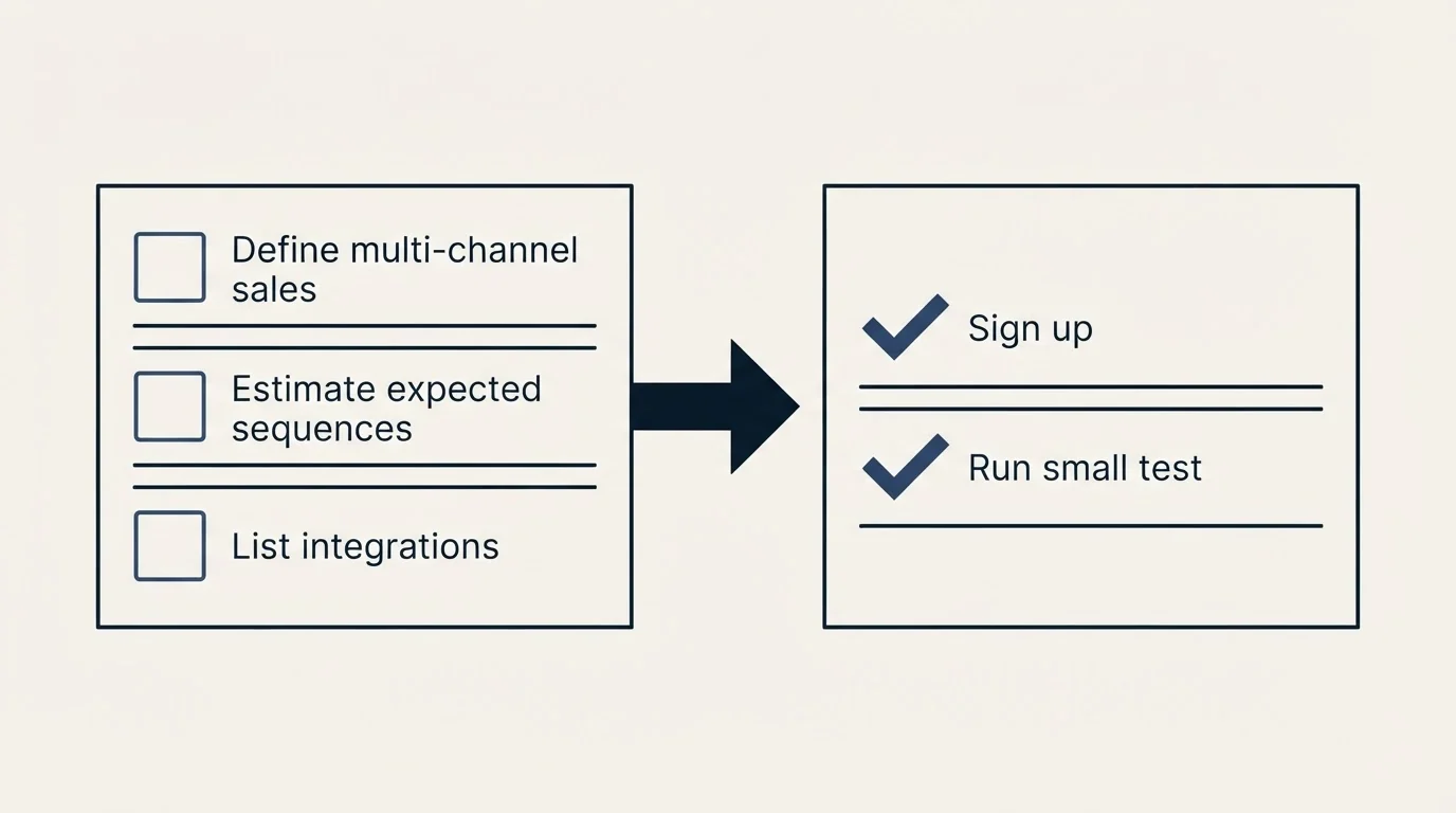 Before-and-after steps: Getting Started Checklist (Define multi-channel sales, Estimate expected sequences, List integrations, Sign up)